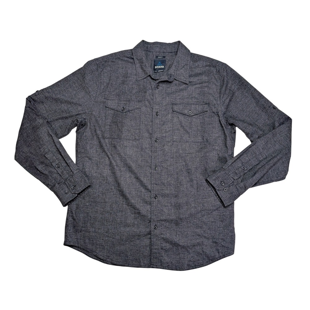prAna Hemp Blend Shirt Mens L Gray Slim Fit Long Sleeve Outdoor M21191492